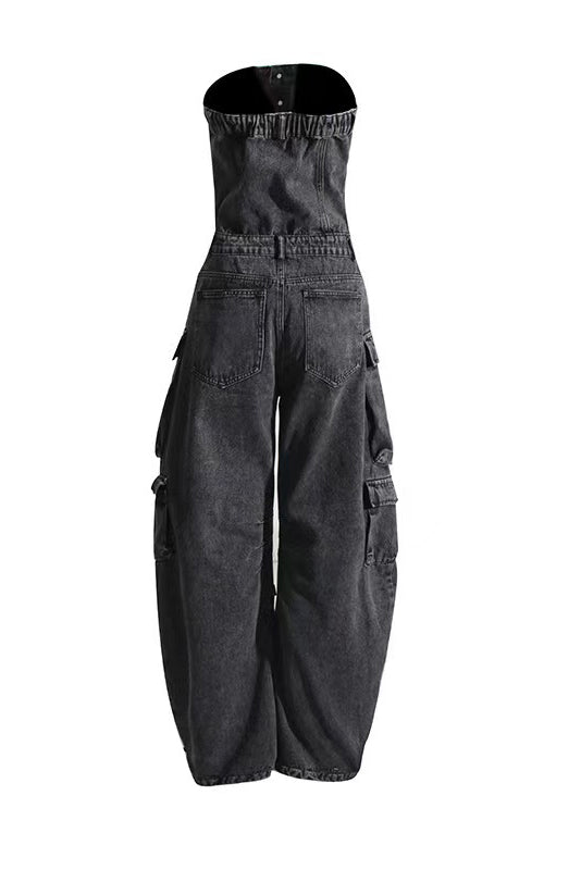 Street Style Strapless Denim Jumpsuit