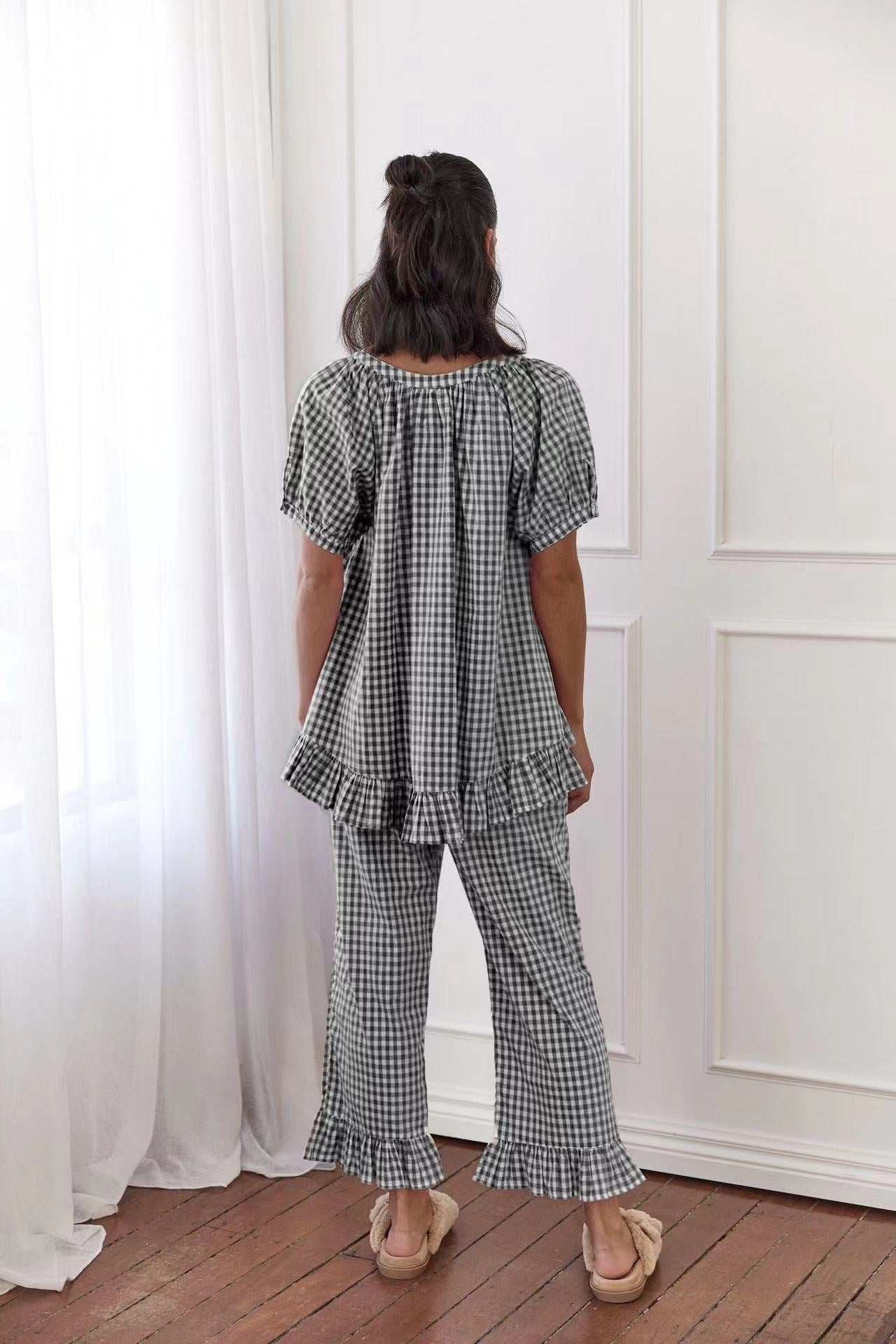 Casual Ruffled Plaid Print Shirt Pajama Set