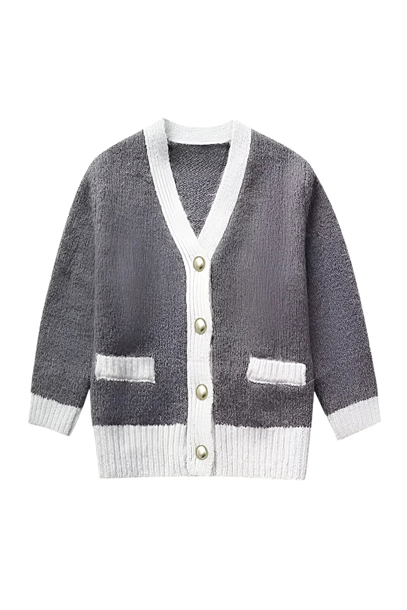 Cardigan din tricot fin, cu ornamente contrastante