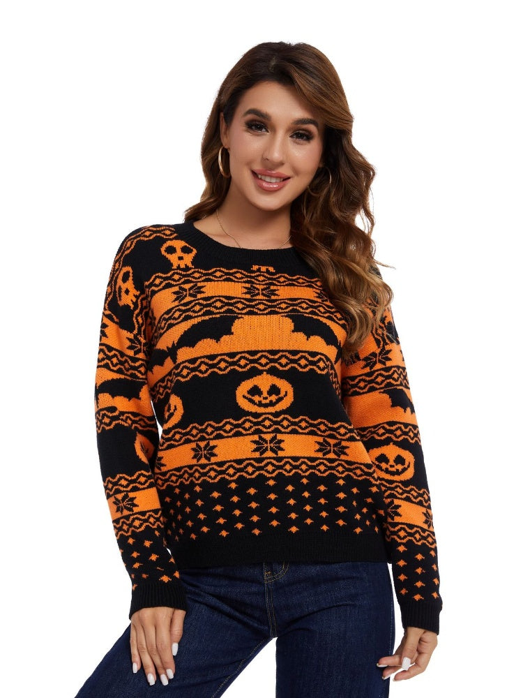 Halloween Kürbismuster Ronn Hals Stréckpullover