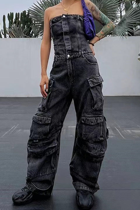 Street Style Strapless Denim Jumpsuit