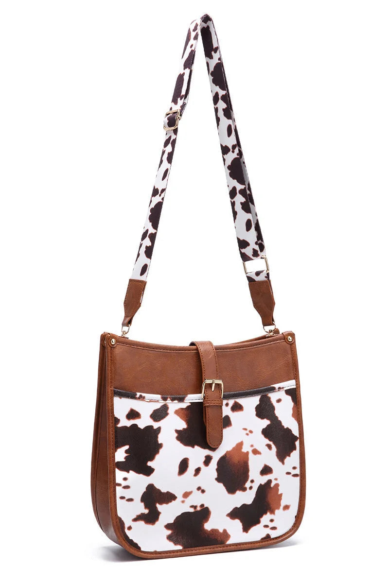 Borsa a tracolla con stampa mucca marrone stile cowboy occidentale