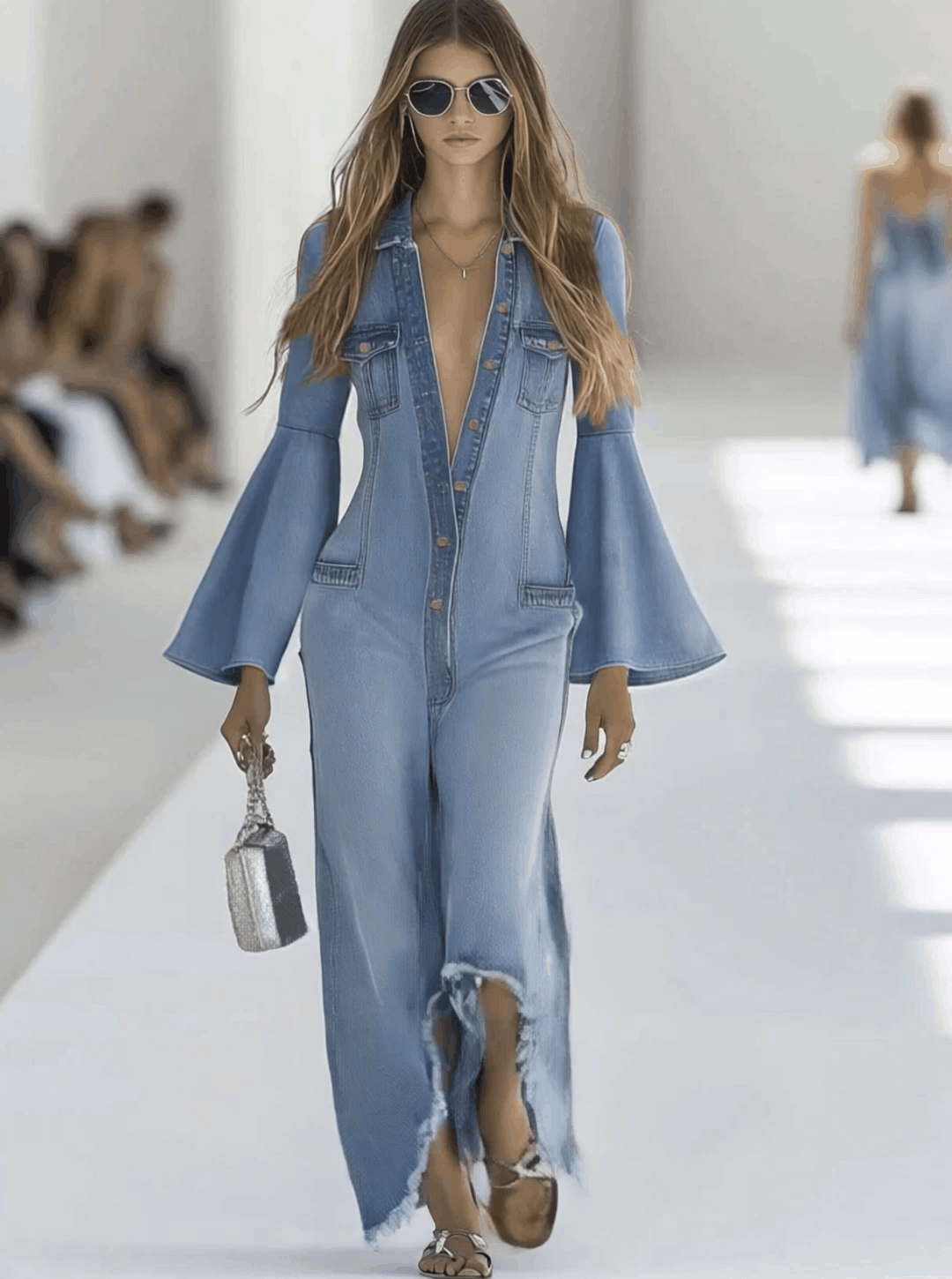 Casual retro lys blå denim vid buksedrakt med lange ermer og rå kanter
