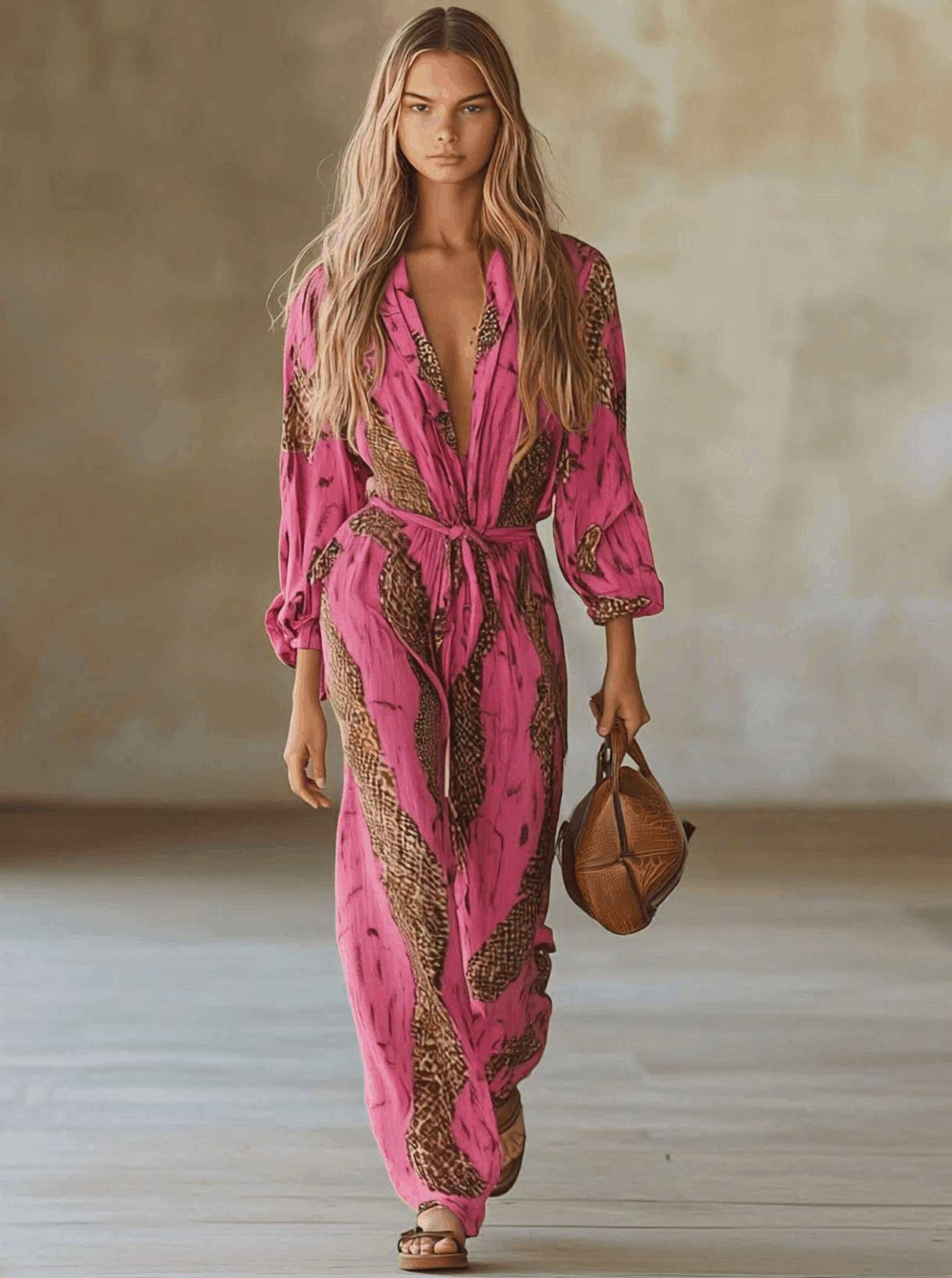Casual løs langermet jumpsuit i roserødt chiffon med leopardmønster