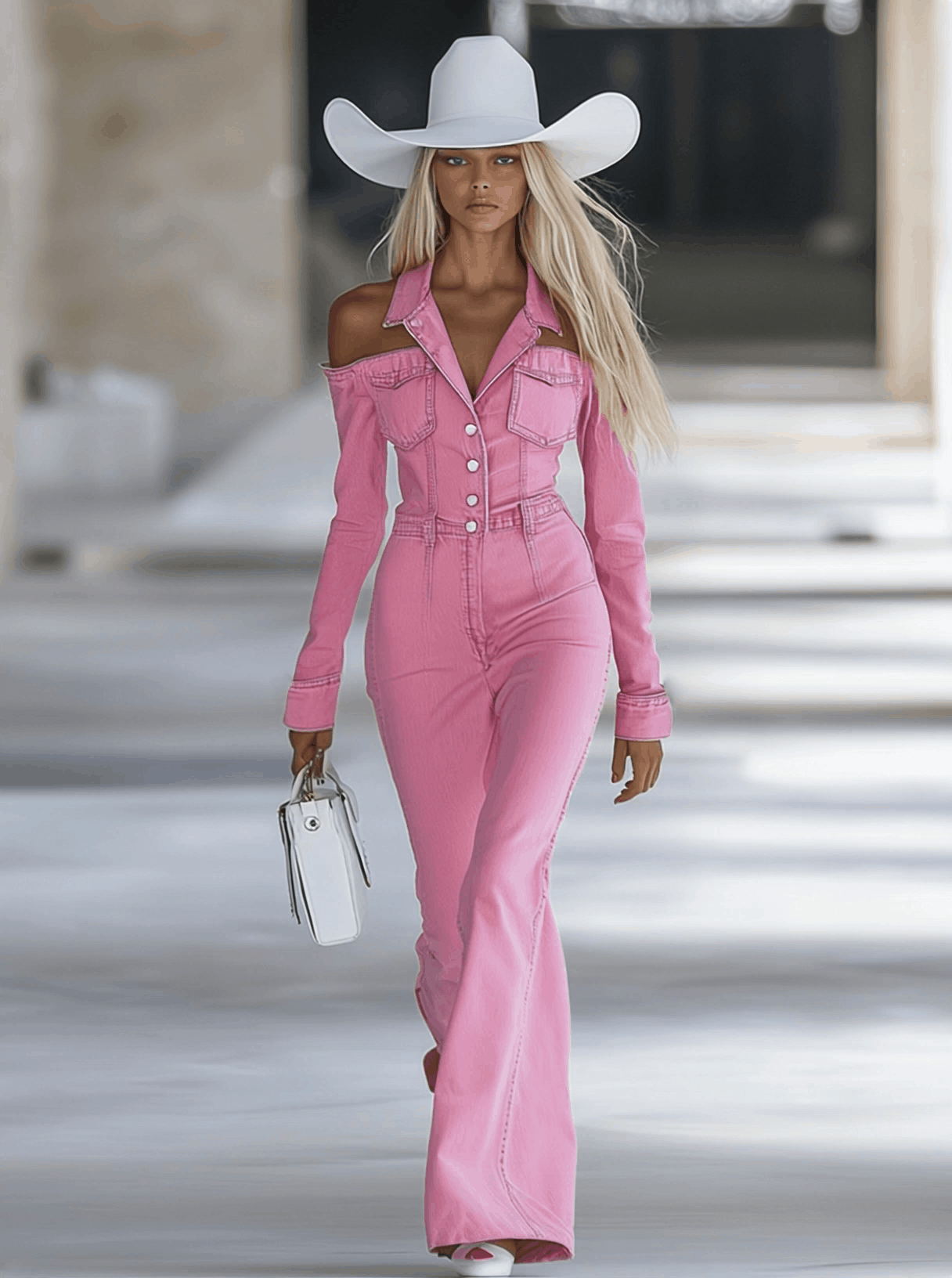 Motevennlig personlig rosa denim jumpsuit med avtagbar skulder, lange ermer og vide ben