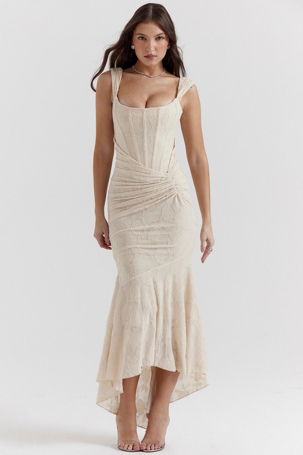 Robe maxi corset froncée Octavie en beige