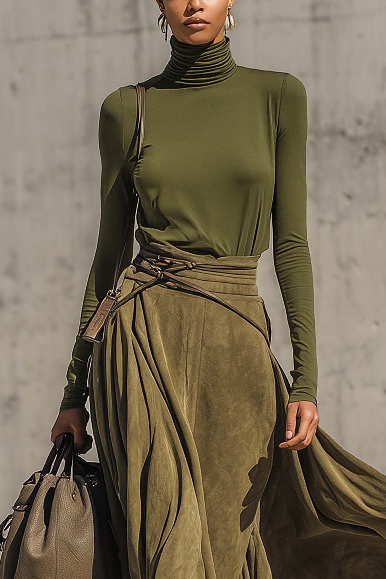 Olive Green Stretch Turtleneck Top And Faux Suede Maxi Skirt Set