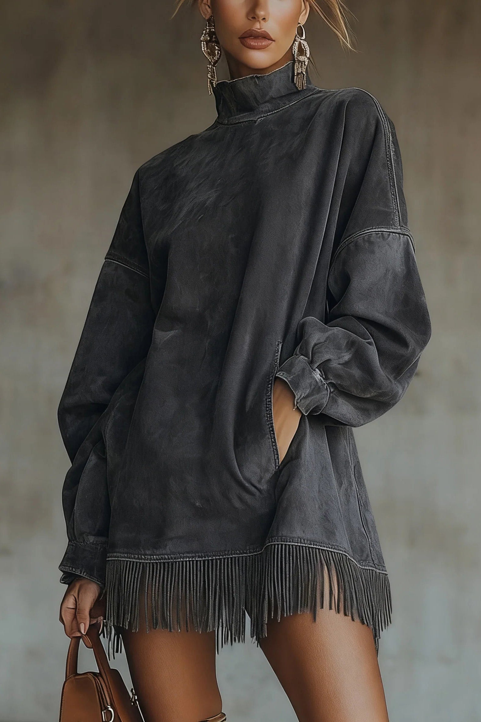 Faux Suede Turtleneck Dress With Fringe Hem