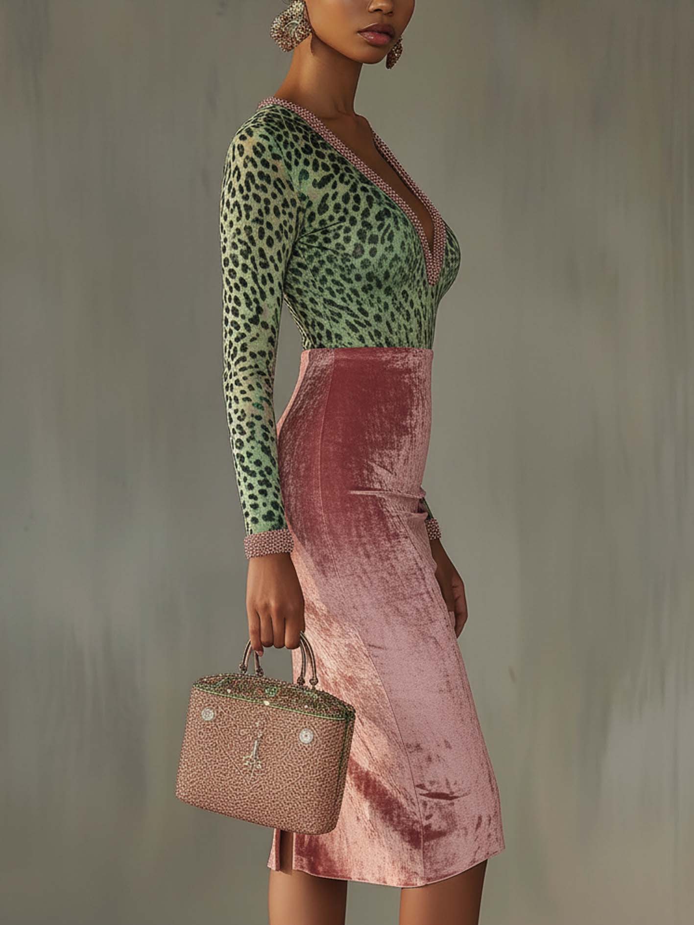 Rosa fløyelskjole med leopardmønster, midi-length