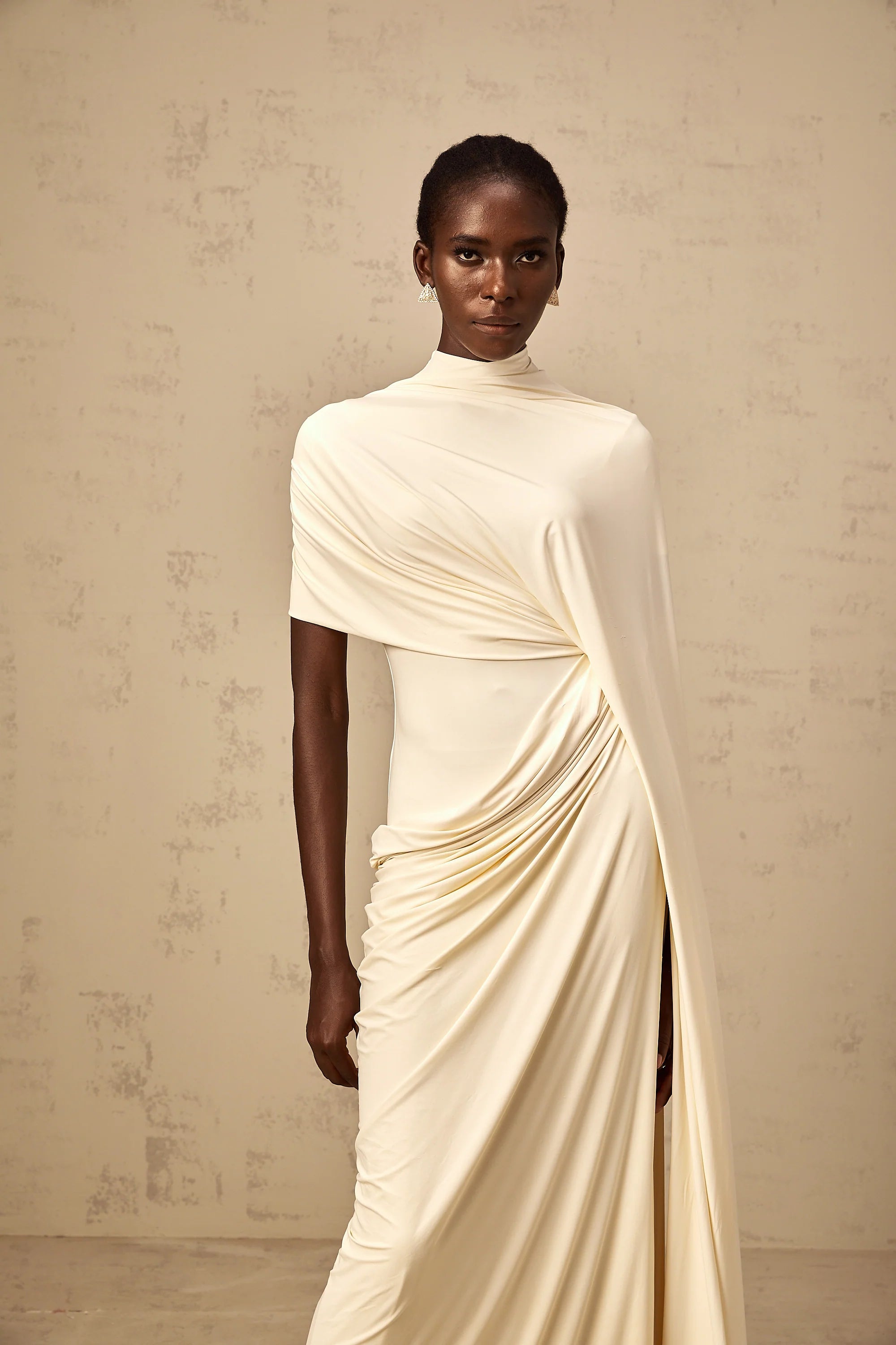 Elegant Draped High Neck Maxi Dress