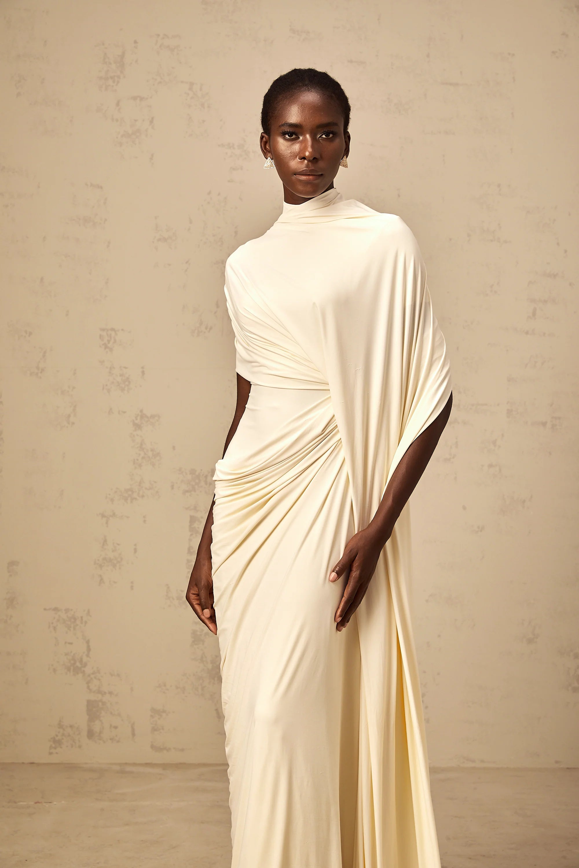 Elegant Draped High Neck Maxi Dress