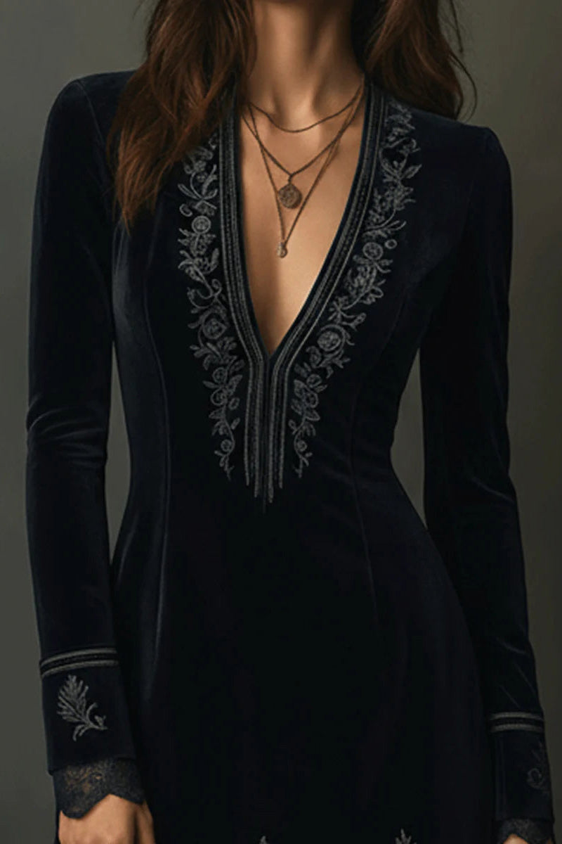 Retro Black Velvet Embroidered Lace Trim Mini Dress