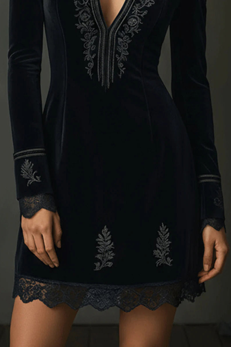 Retro Black Velvet Embroidered Lace Trim Mini Dress