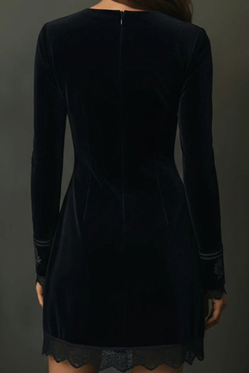 Retro Black Velvet Embroidered Lace Trim Mini Dress