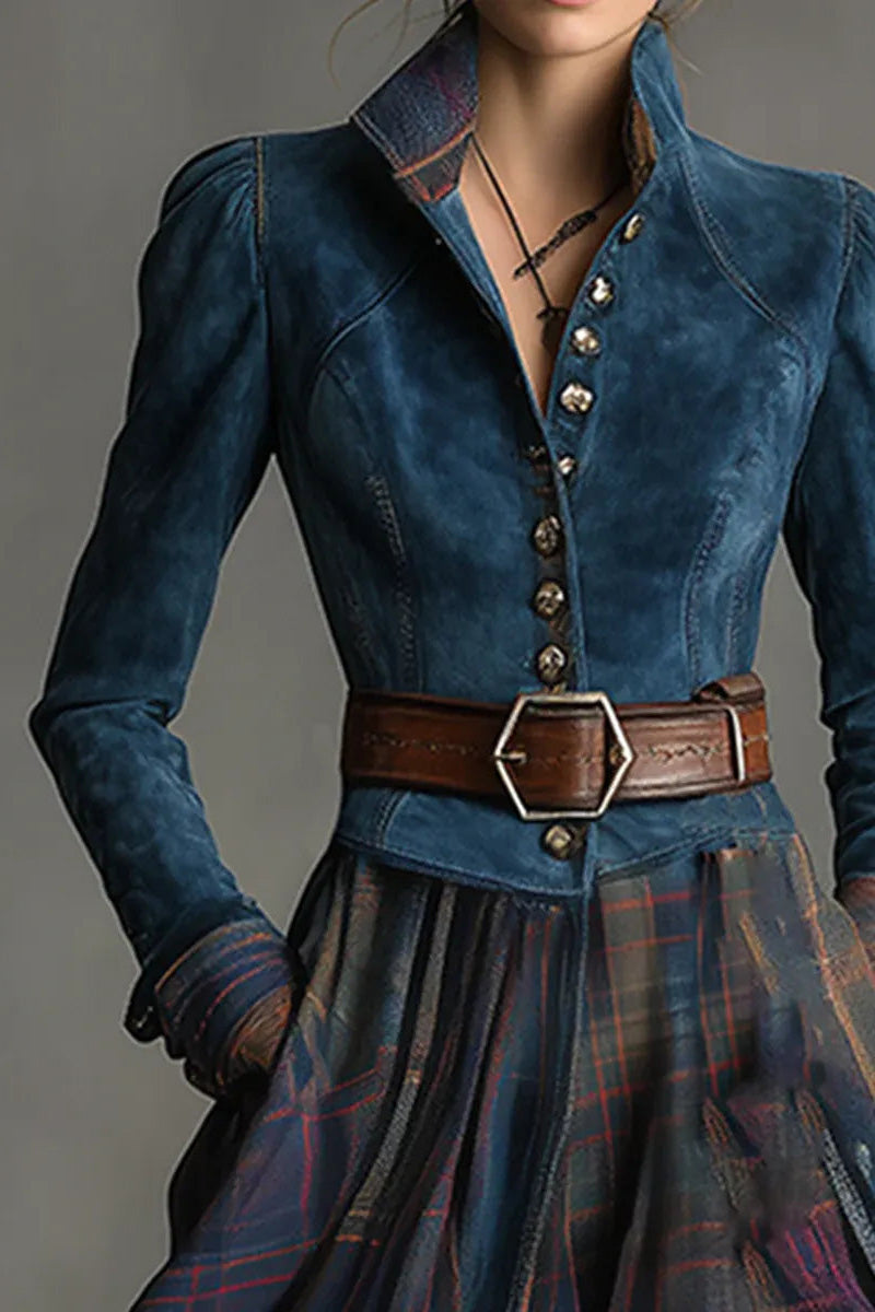 Retro Lapel Reddish Brown Plaid Maxi Dress