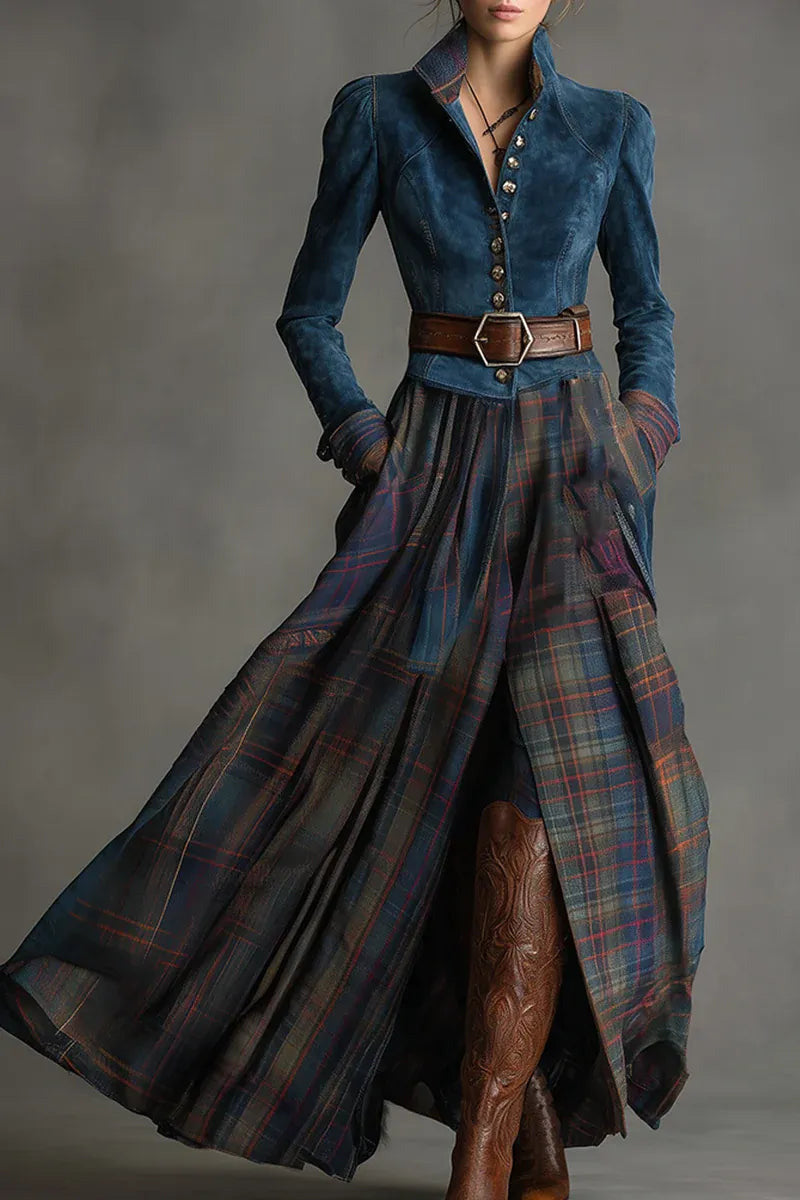 Retro Lapel Reddish Brown Plaid Maxi Dress