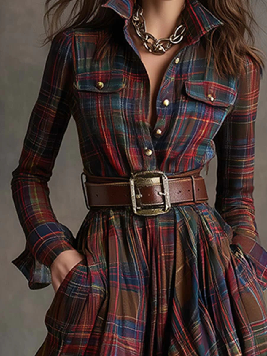Retro-Mantelkleid in rötlich-braunem Karomuster, Maxi-Länge