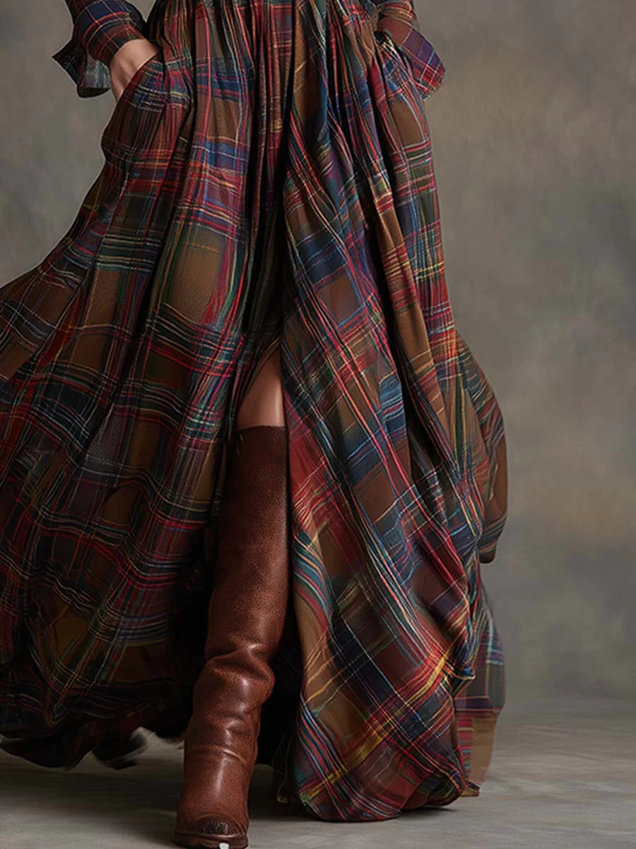 Vestido maxi retro de solapa con cuadros marrón rojizo