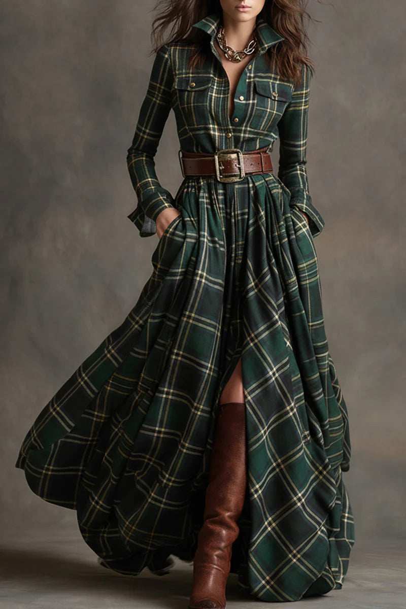 Retro Lapel Reddish Brown Plaid Maxi Dress