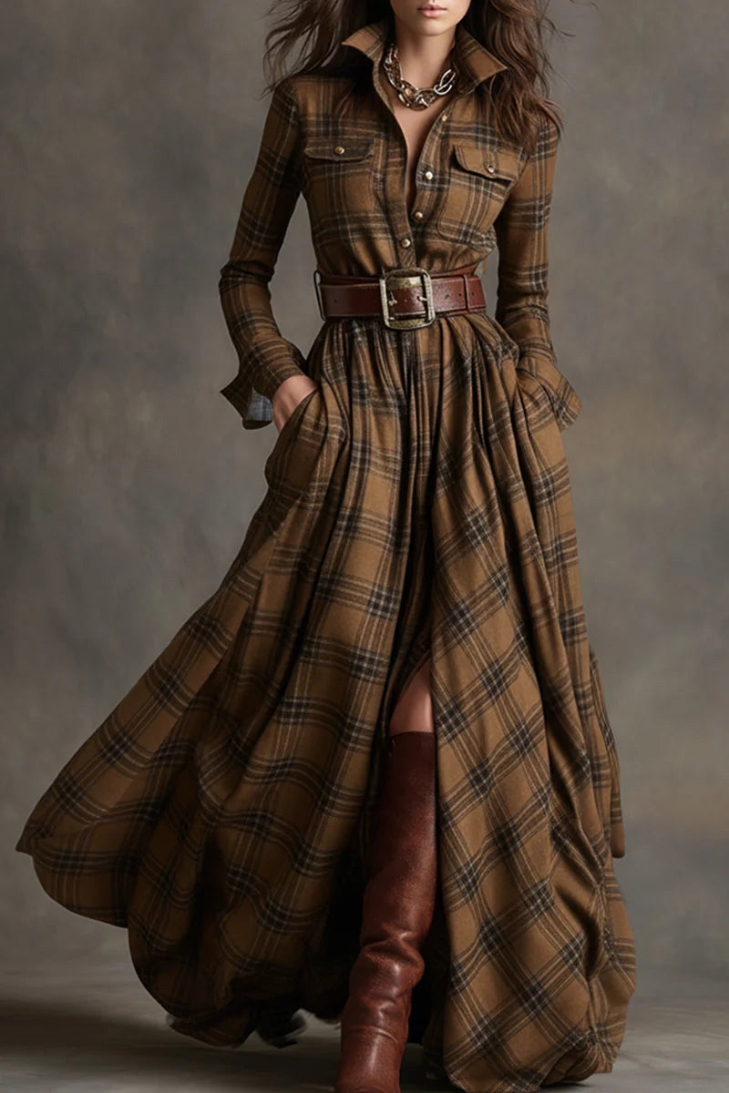 Retro Lapel Reddish Brown Plaid Maxi Dress