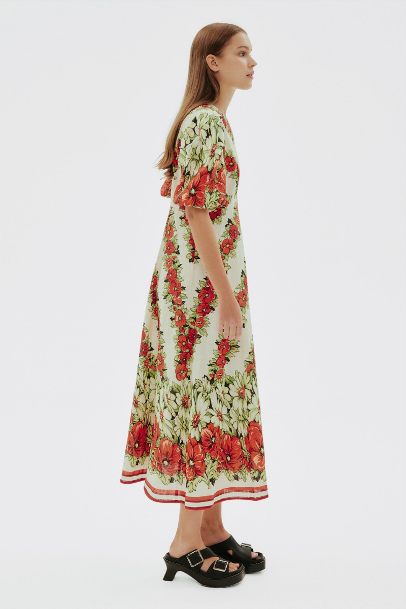 Floral Maxi Φόρεμα Rosalinde με στρογγυλή λαιμόκοψη σε κόκκινο χρώμα