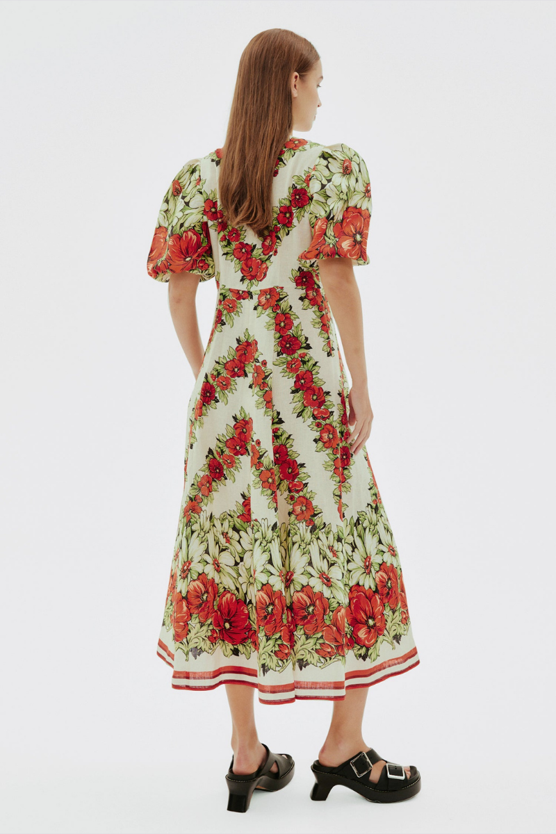 Floral Maxi Φόρεμα Rosalinde με στρογγυλή λαιμόκοψη σε κόκκινο χρώμα