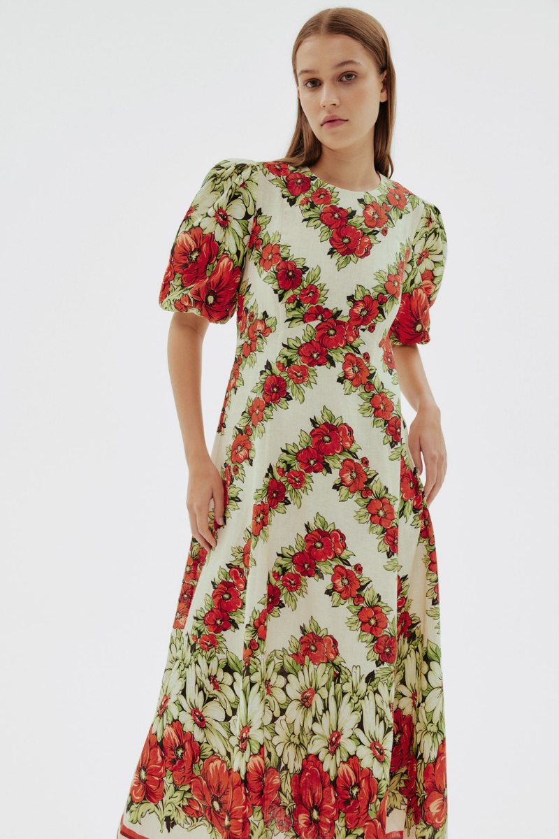 Rosalinde ronde hals bloemen maxi-jurk in rood