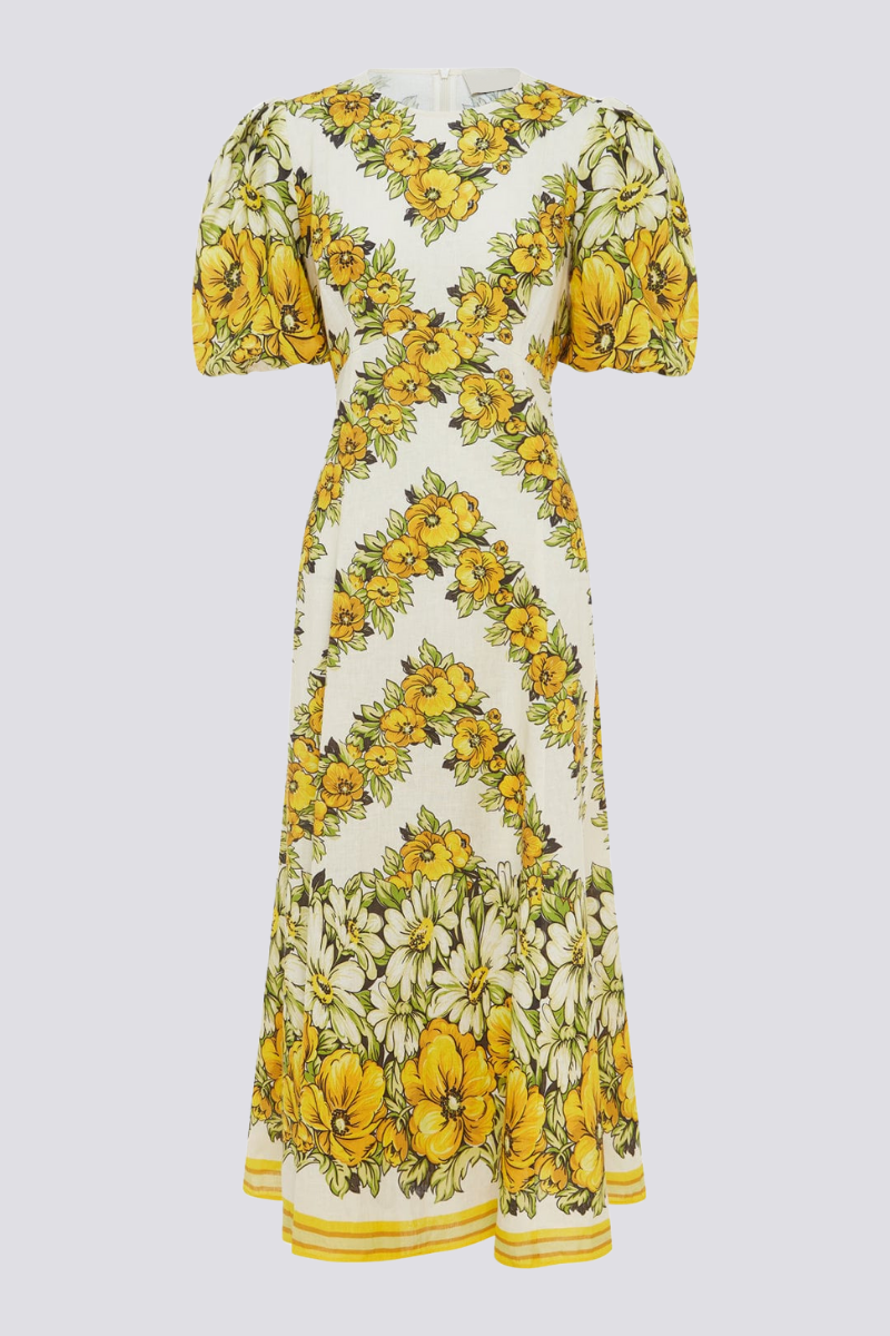 Robe longue fleurie à col rond Rosalinde en jaune