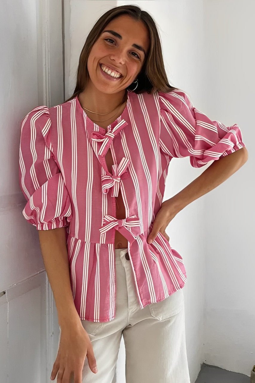 Stripes Puff Sleeve Peplum sløjfebluse