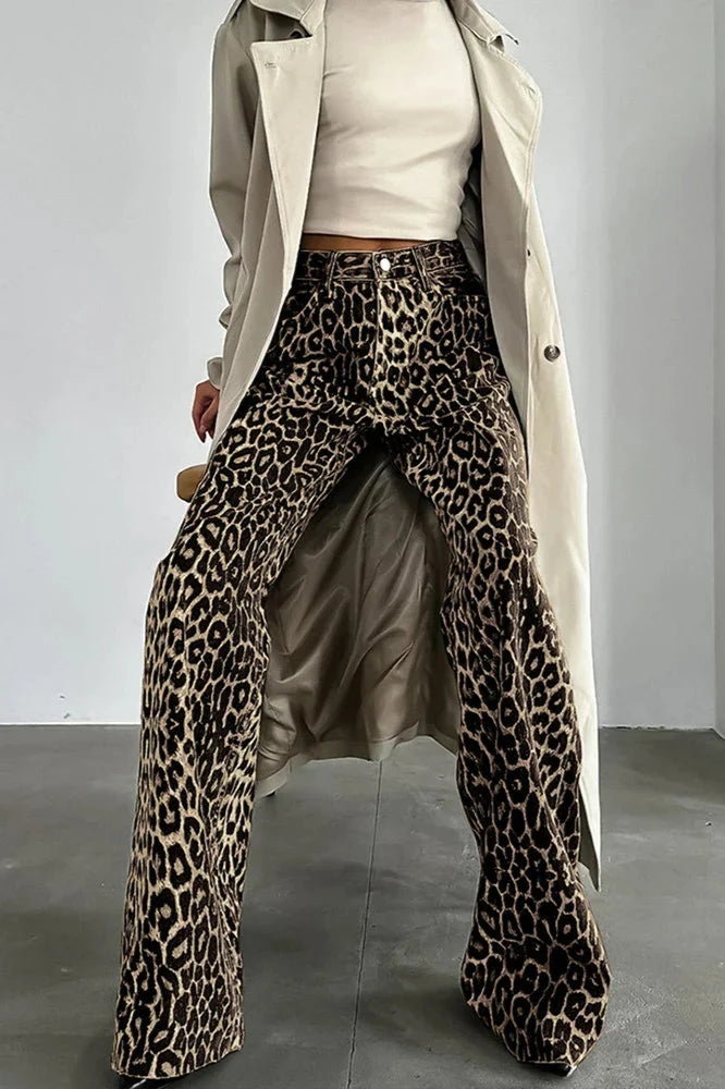 Knäppchen Multi Pocket Leopard Print Casual Hosen