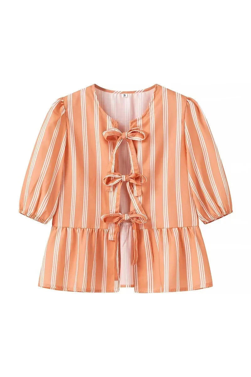 Stripes Puff Sleeve Peplum Sløyfe Bluse