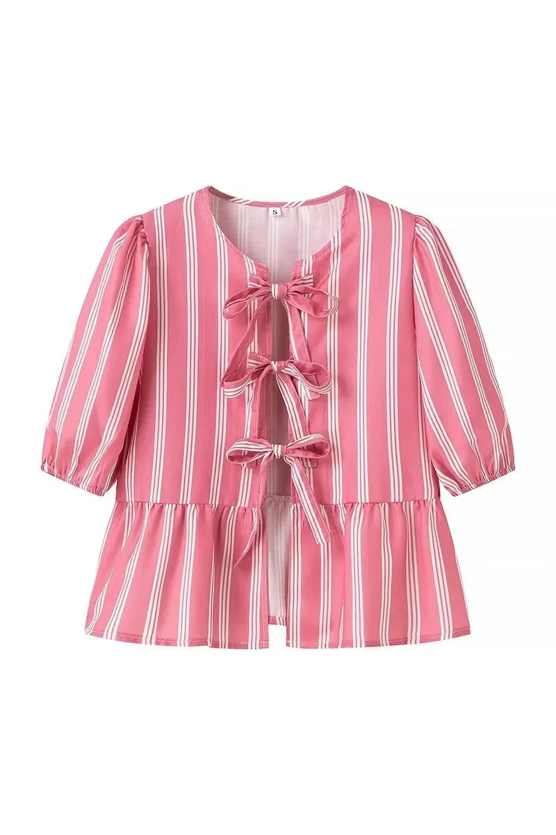 Stripes Puff Sleeve Peplum sløjfebluse