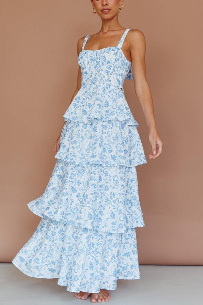 Vestido maxi em camadas Provence Bloom - Azul Floral