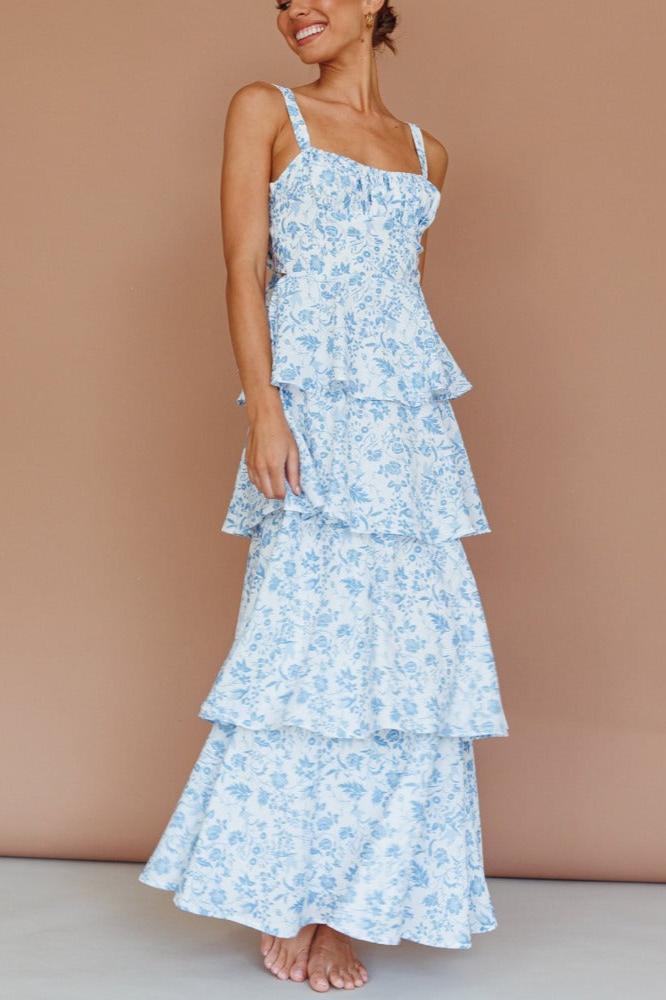 Robe longue à volants Provence Bloom - Bleu floral