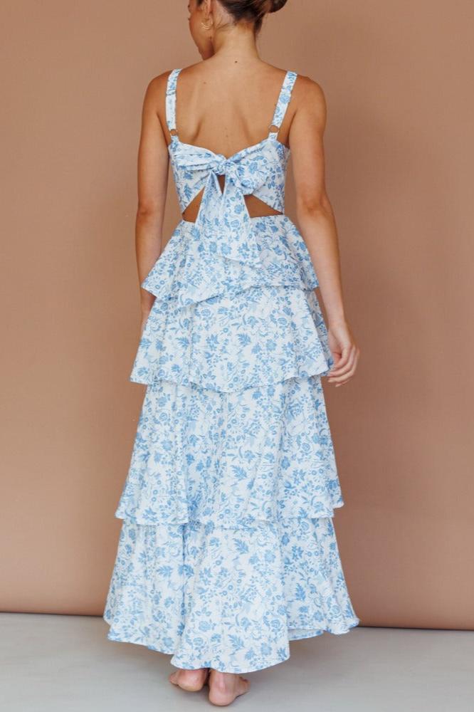 Vestido maxi em camadas Provence Bloom - Azul Floral