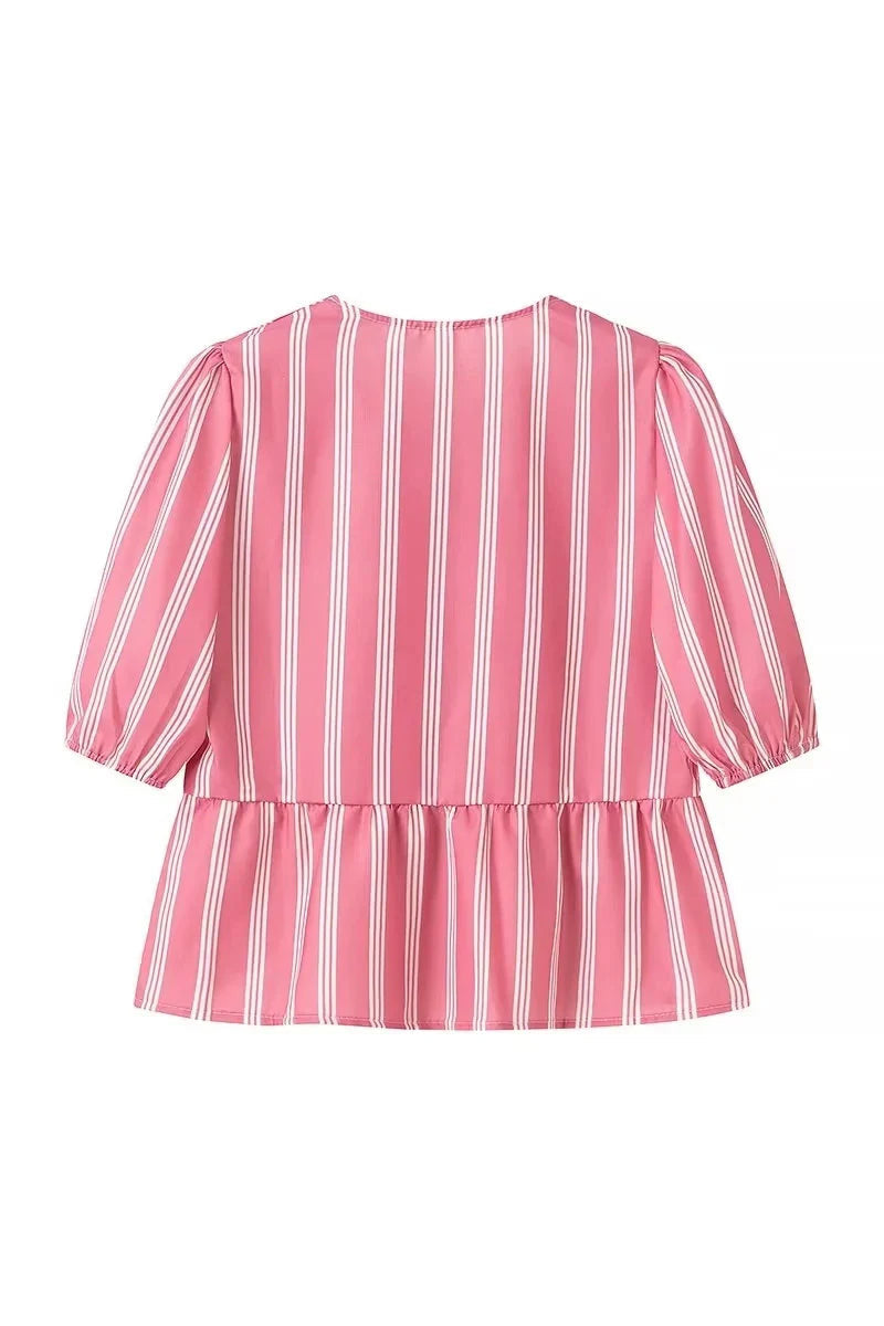 Stripes Puff Sleeve Peplum Bow Ties Blouse