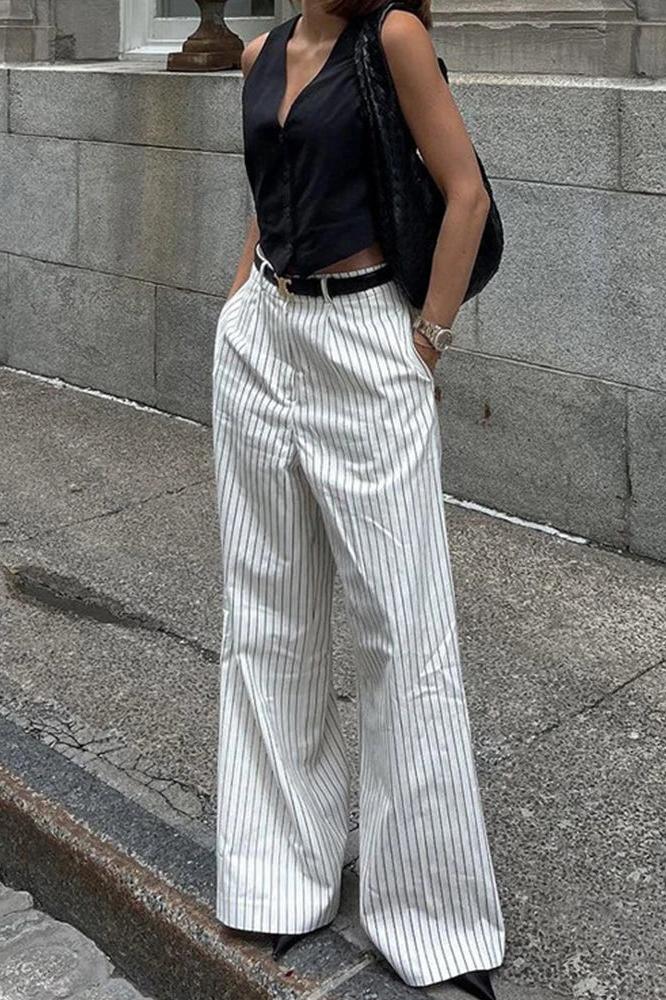 Striped Pockets Wide Leg Pants Without Belt