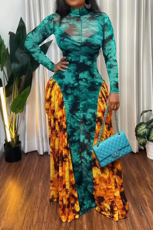 Teal & Orange Tie-Dye Mesh Panel Maxi Dress