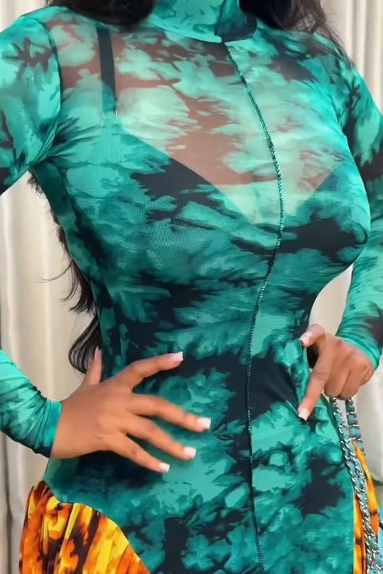 Teal & Orange Tie-Dye Mesh Panel Maxi Dress
