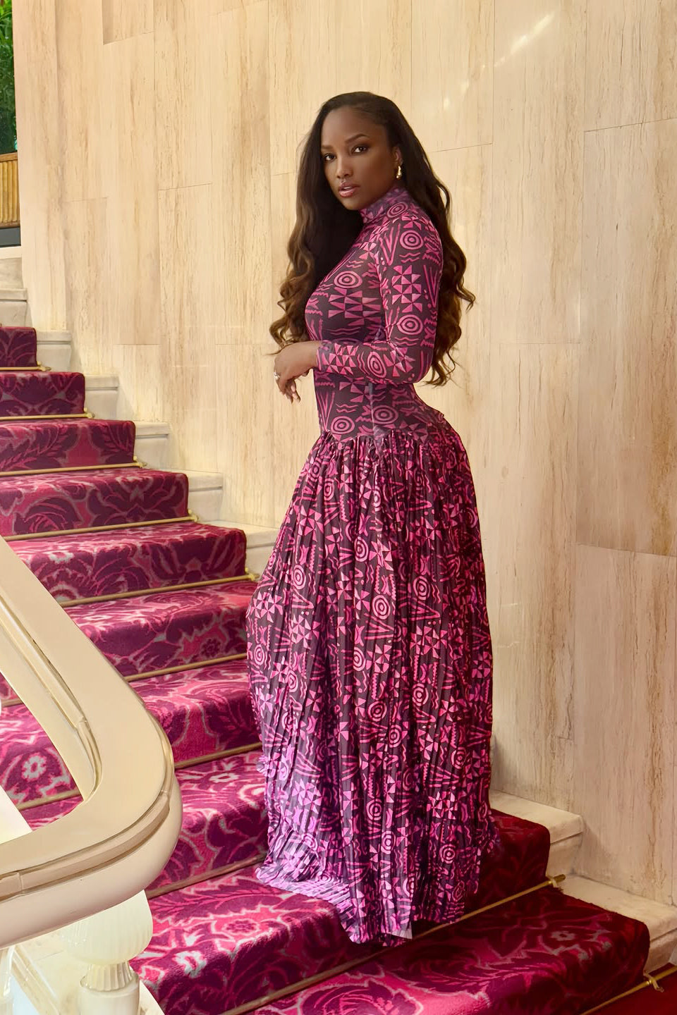 Betty Rosa Pink Polka Dot V-Neck Drape Midi Dress