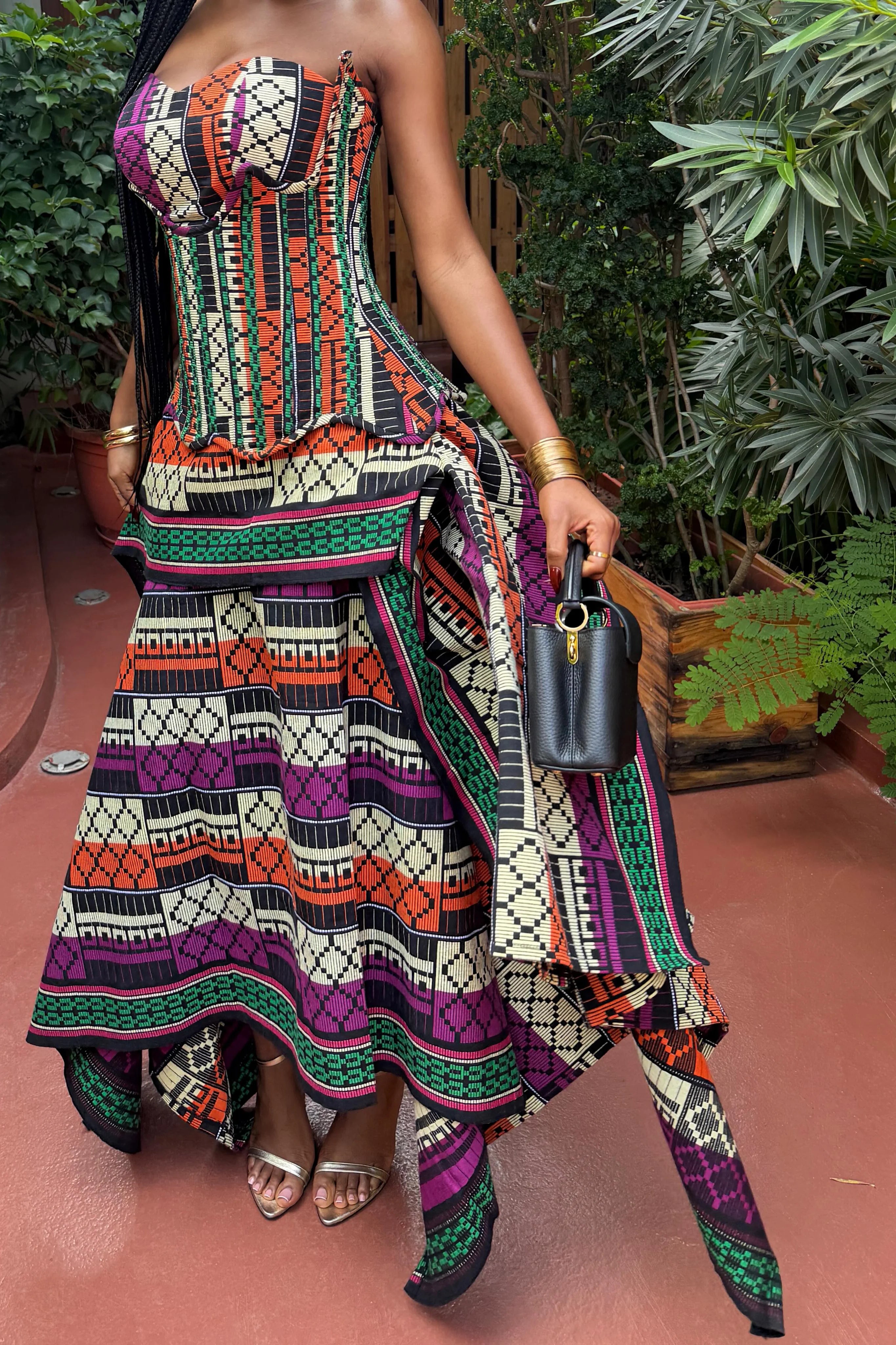 Multicolor Print Strapless Corset Maxi Dress