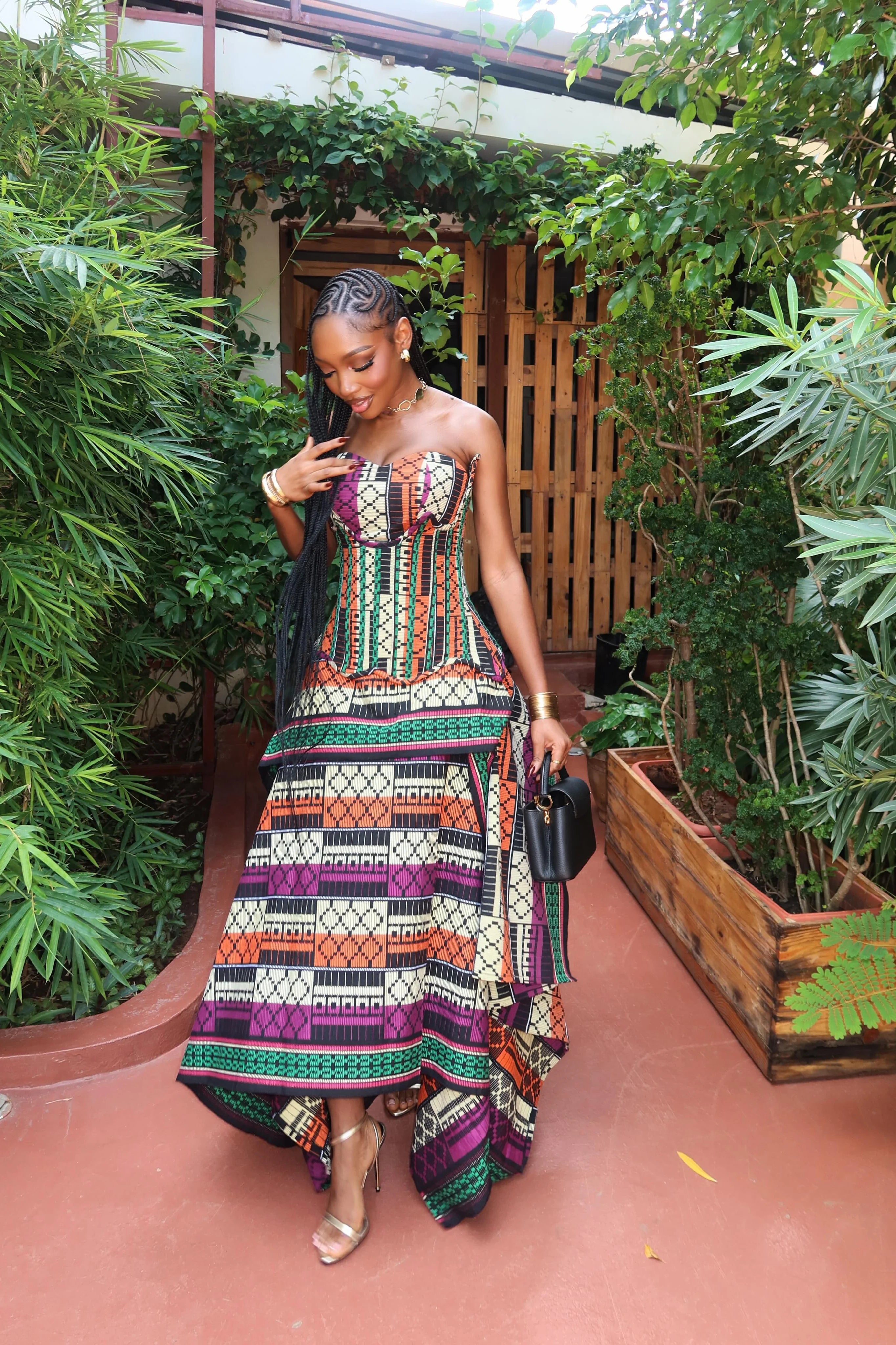 Multicolor Print Strapless Corset Maxi Dress