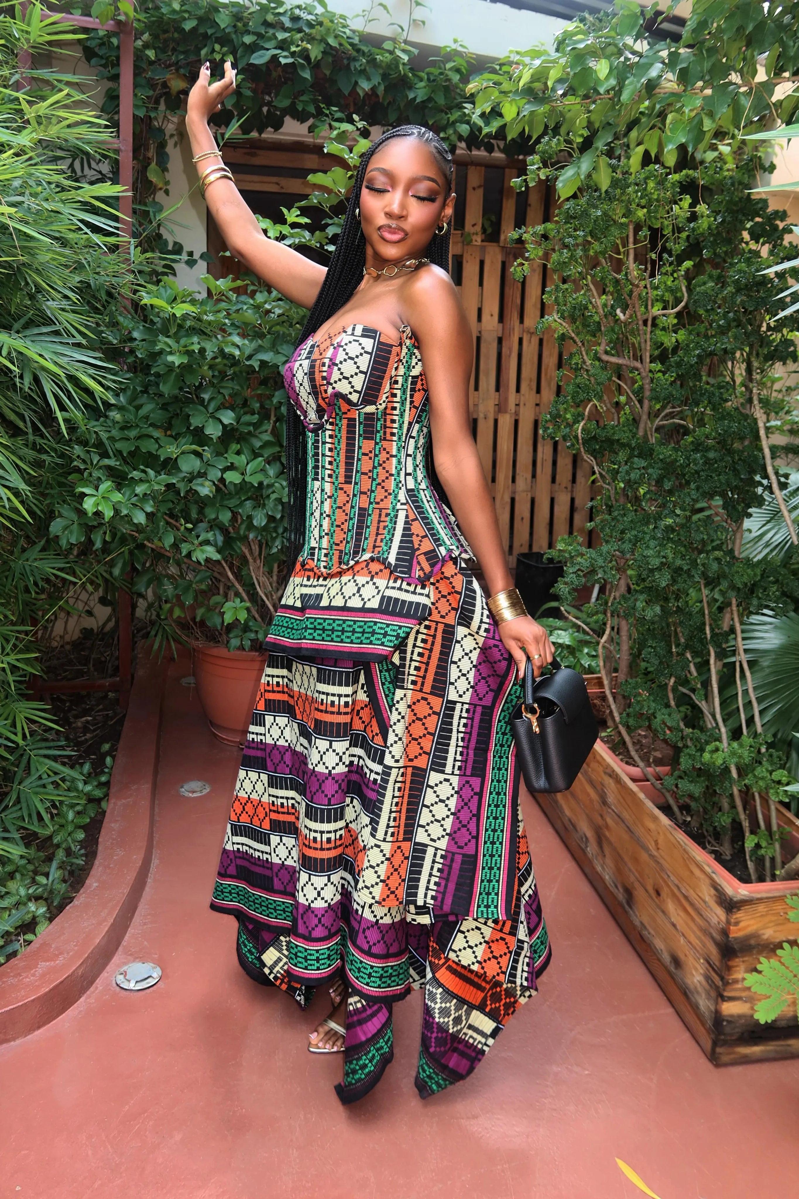 Multicolor Print Strapless Corset Maxi Dress