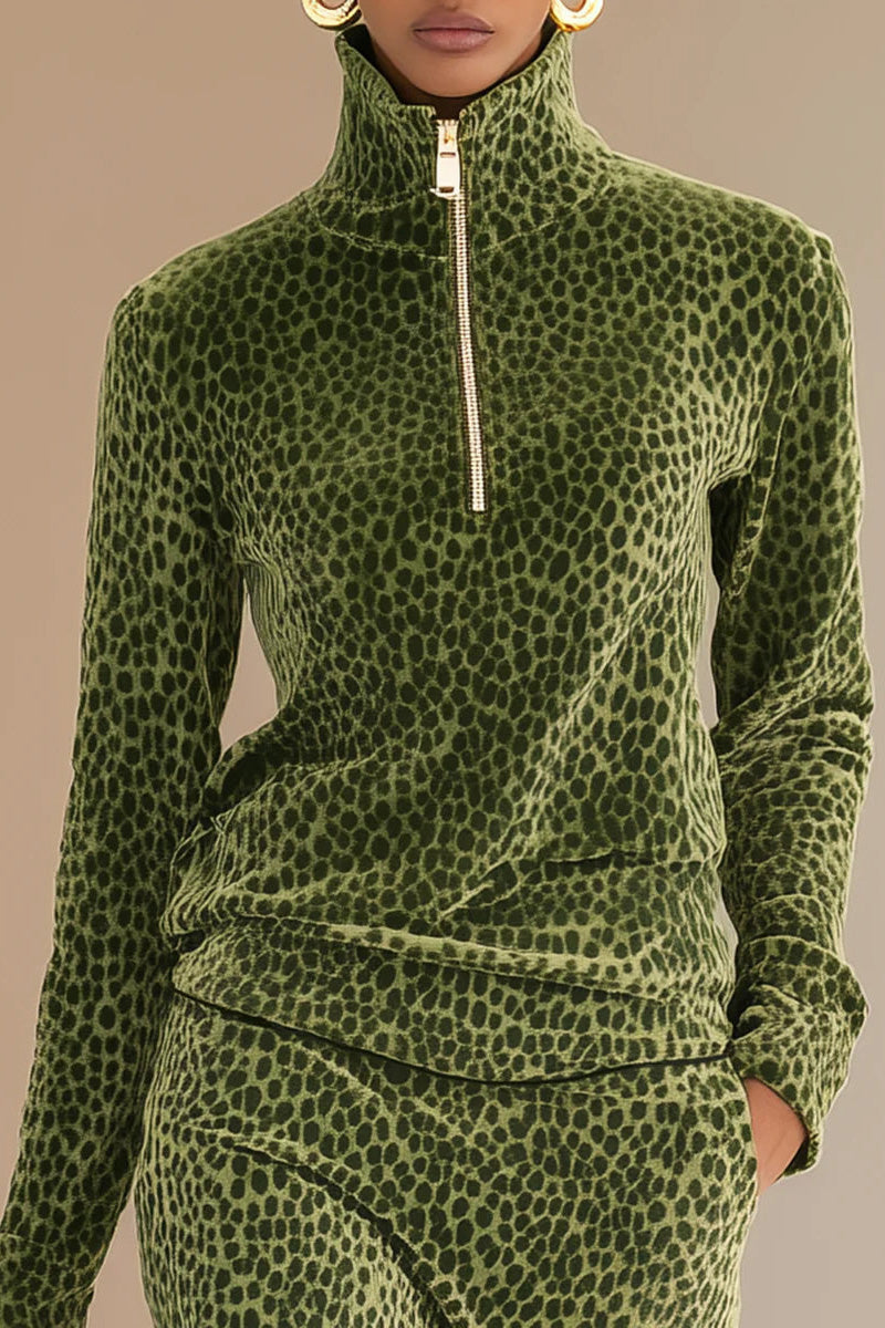 Retro Leopard Print Stand Collar Velvet Top + Skirt Set