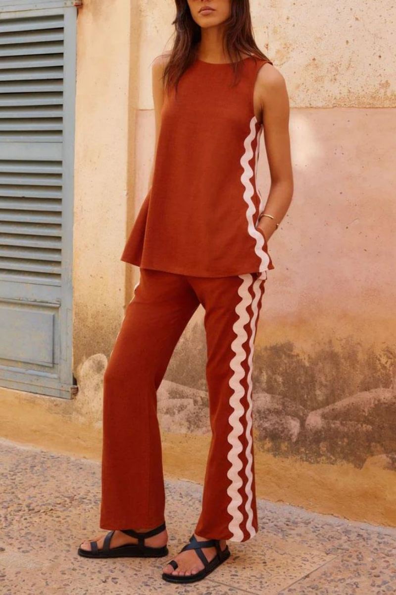 Sleeveless Loose Slit Top And Wide-Leg Pants Set