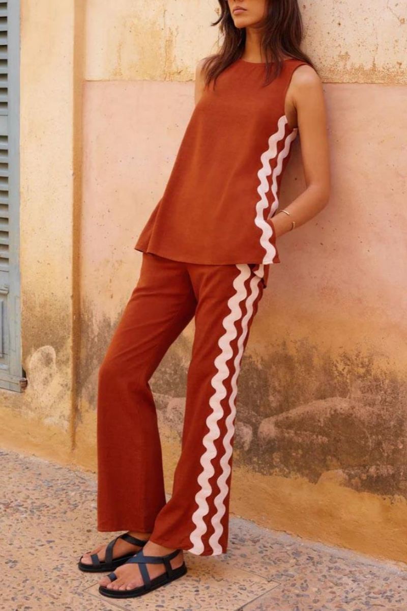 Sleeveless Loose Slit Top And Wide-Leg Pants Set