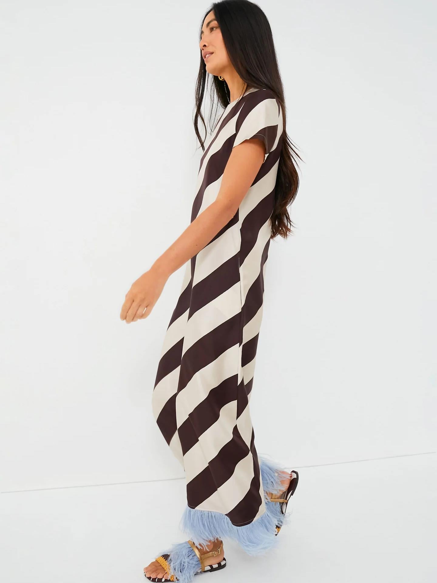 Feather Trim Diagonal Striped Maxi Dress