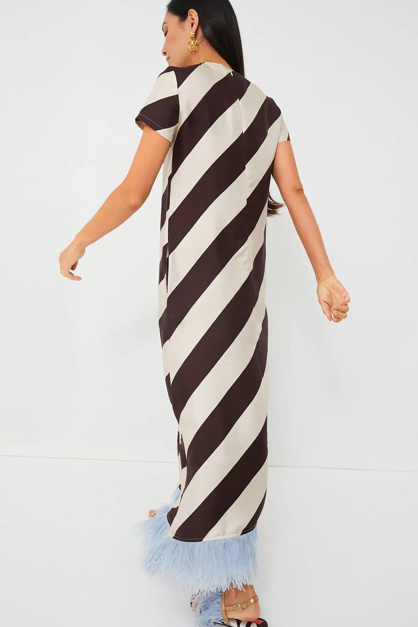 Feather Trim Diagonal Striped Maxi Dress