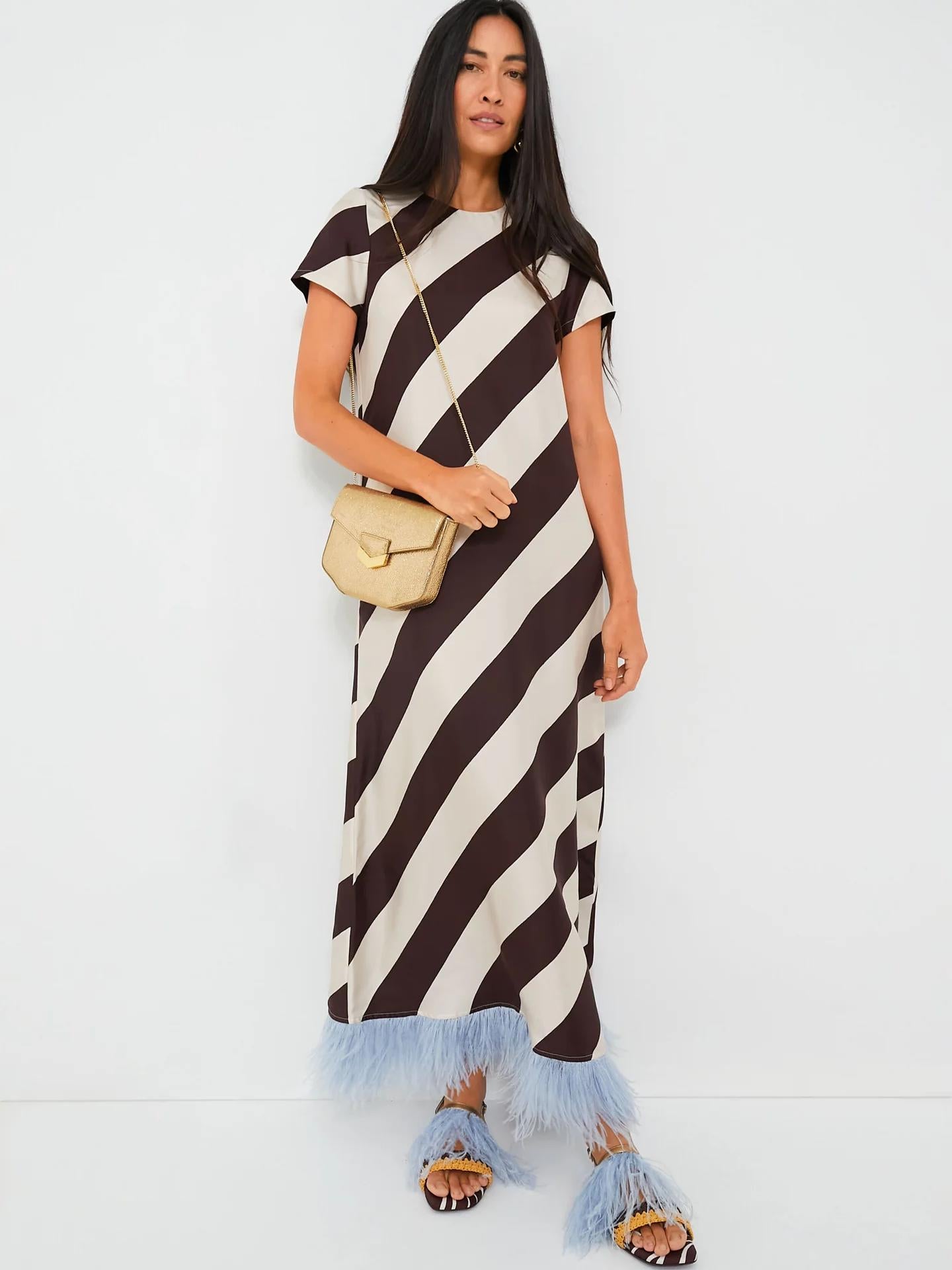 Feather Trim Diagonal Striped Maxi Dress