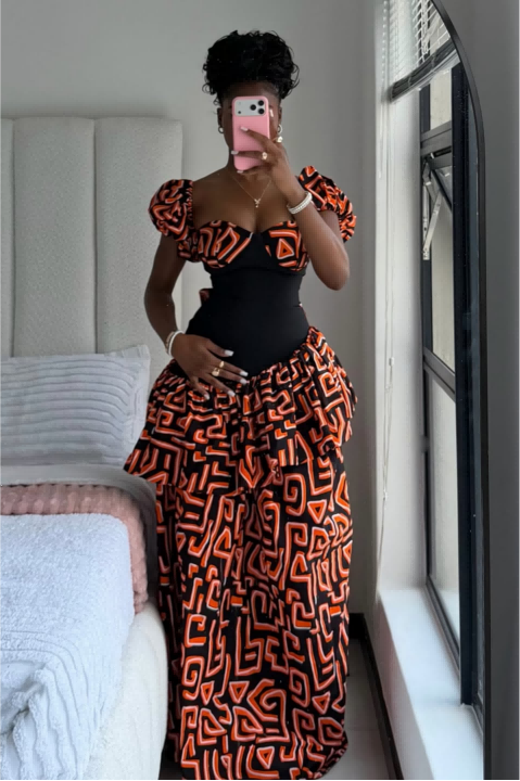 Vestido Maxi com Folhos, Mangas Bufantes e Estampa Ankara